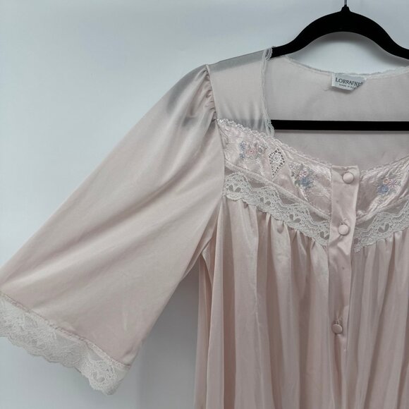 Vintage Lorraine Nightgown Pink Lace Button Front Made in USA - Picture 2 of 7